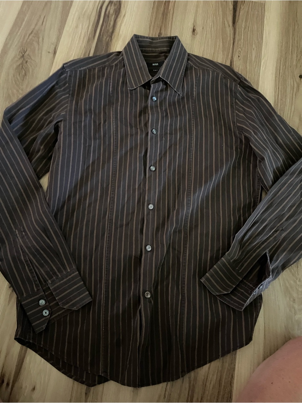Hugo Boss Men Long Sleeve Button Down Shirt Striped Brown Cotton L Slim Fit